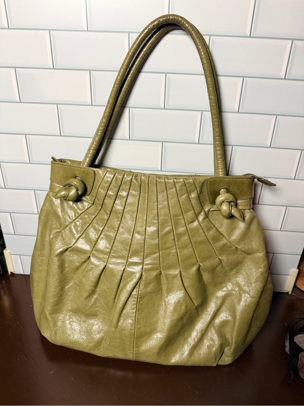 Vintage Hobo International Olive Green Pleated Tote Handbag